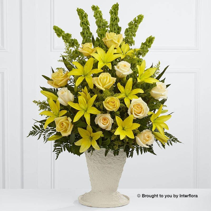 Yellow Lily and Rose Service Arrangement