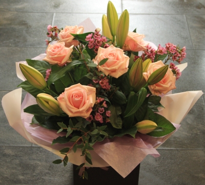 Pink & White Rose and Lily Handtied Bouquet